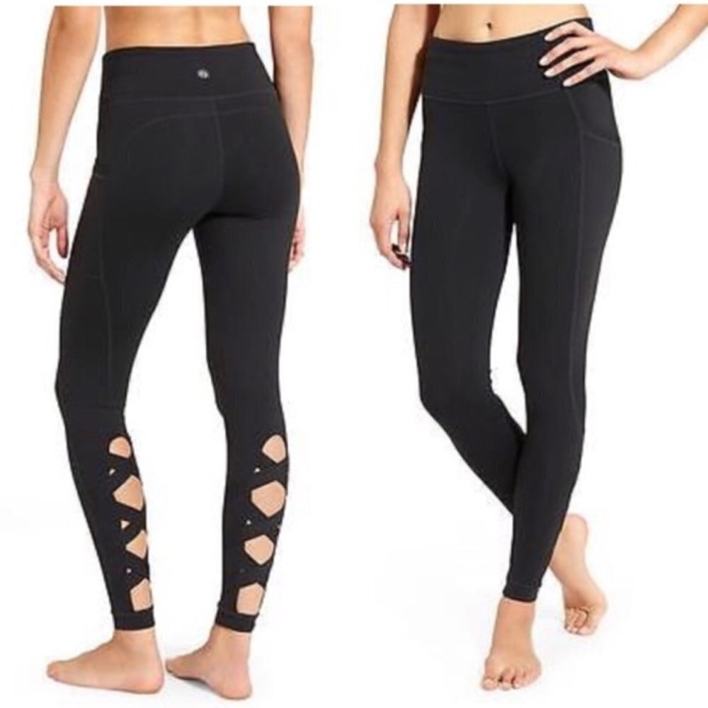 Athleta High Rise Cutout Criss Cross Leggings Black Women's sz Small‎